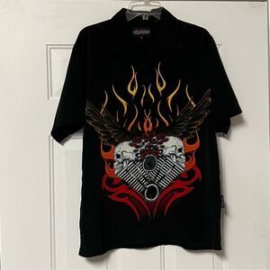 VTG Sapphire Lounge Button UP Shirt Black Red Orange Fire Flames Skull Motor M